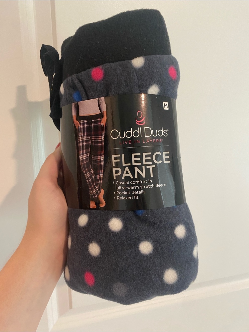 Cuddl Duds Navy Fleece Pants with White and Pink Polka Dots -NWT